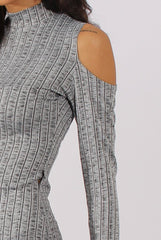 Grey Ribbed Cold Shoulder High Neck Dress - Evie