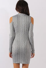 Grey Ribbed Cold Shoulder High Neck Dress - Evie