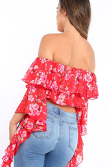 Red Floral Bardot Crop Top with Extreme Frill Sleeve - Keisha