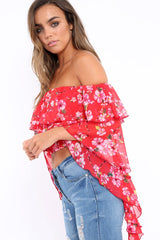 Red Floral Bardot Crop Top with Extreme Frill Sleeve - Keisha