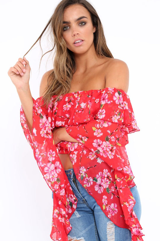 Red Floral Bardot Crop Top with Extreme Frill Sleeve - Keisha