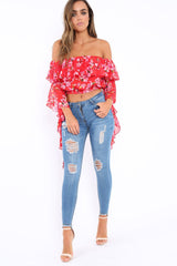 Red Floral Bardot Crop Top with Extreme Frill Sleeve - Keisha