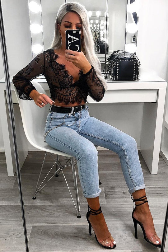Black Sheer Lace Plunge Long Sleeve Top - Eyana