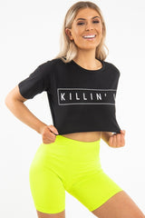 Black Killin' It Print Crop Crew Neck T-Shirt - Jenny