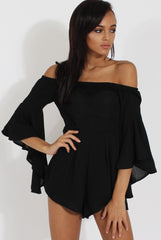 Black Bardot Cropped Bell Sleeve Playsuit - Fabiana