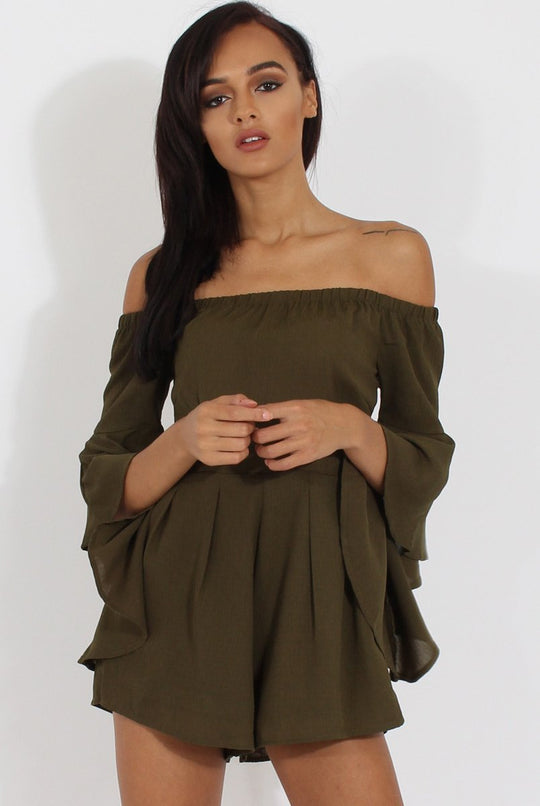 Green Bardot Cropped Bell Sleeve Playsuit - Fabiana