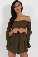 Green Bardot Cropped Bell Sleeve Playsuit - Fabiana