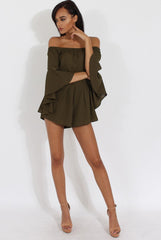 Green Bardot Cropped Bell Sleeve Playsuit - Fabiana