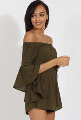 Green Bardot Cropped Bell Sleeve Playsuit - Fabiana