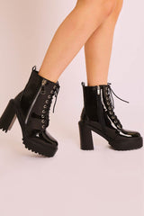 Black Patent Lace Up Heeled Boots - Faelyn