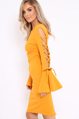 Mustard Bell Sleeved Dress with Lace up Detail - Faith