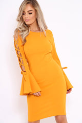 Mustard Bell Sleeved Dress with Lace up Detail - Faith