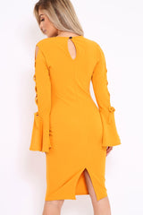 Mustard Bell Sleeved Dress with Lace up Detail - Faith