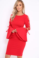 Red Bell Sleeved Dress with Lace up Detail - Faith