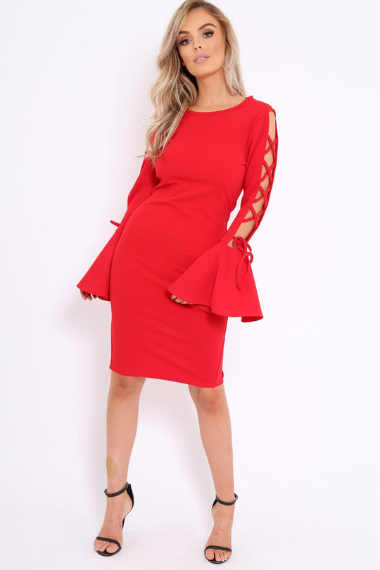 Red Bell Sleeved Dress with Lace up Detail - Faith