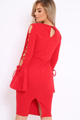 Red Bell Sleeved Dress with Lace up Detail - Faith