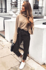 Beige Knit Roll Neck Batwing Jumper - Fallon