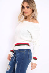 White Bardot Jumper with Stripe Detail - Falon