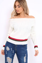White Bardot Jumper with Stripe Detail - Falon