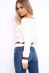 White Bardot Jumper with Stripe Detail - Falon