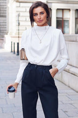 White Satin Shoulder Pad Shirred Waist Blouse - Farida