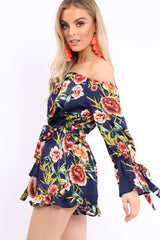 Blue Floral Bardot Playsuit with Frill Hem and Cuffs - Farhanna