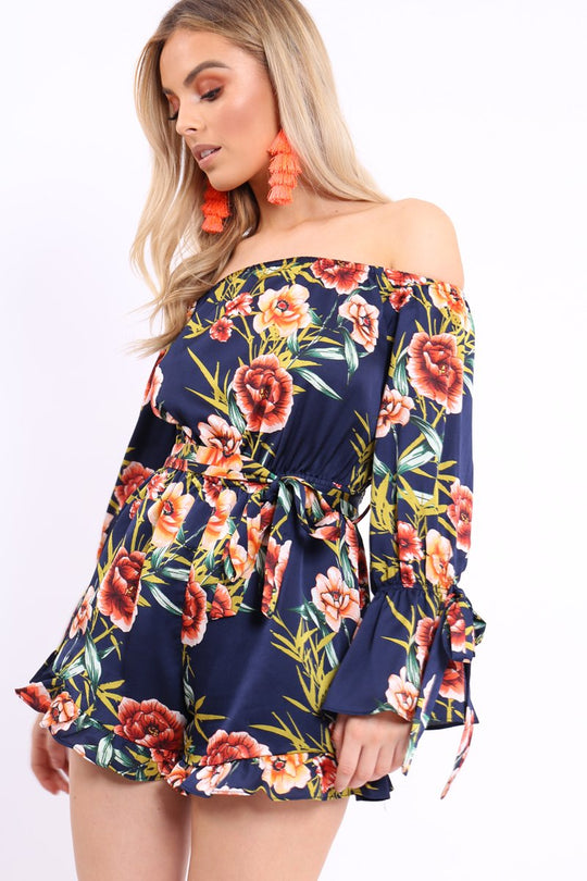 Blue Floral Bardot Playsuit with Frill Hem and Cuffs - Farhanna