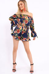 Blue Floral Bardot Playsuit with Frill Hem and Cuffs - Farhanna