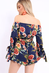Blue Floral Bardot Playsuit with Frill Hem and Cuffs - Farhanna