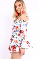White Floral Bardot Playsuit with Frill Hem and Cuffs - Farhanna