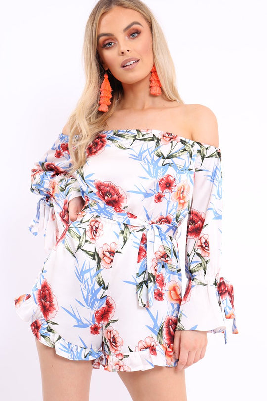 White Floral Bardot Playsuit with Frill Hem and Cuffs - Farhanna