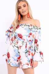 White Floral Bardot Playsuit with Frill Hem and Cuffs - Farhanna