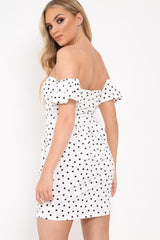 White Polka Dot Cut Out Bow Bardot Dress - Fariah