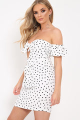 White Polka Dot Cut Out Bow Bardot Dress - Fariah