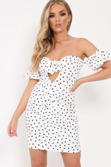 White Polka Dot Cut Out Bow Bardot Dress - Fariah