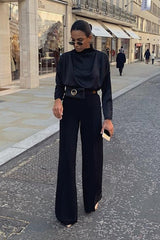 Black Satin Shoulder Pad Shirred Waist Blouse - Farida