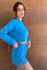 Blue Eyelet Lace Up Cropped Sweatshirt - Ramaya