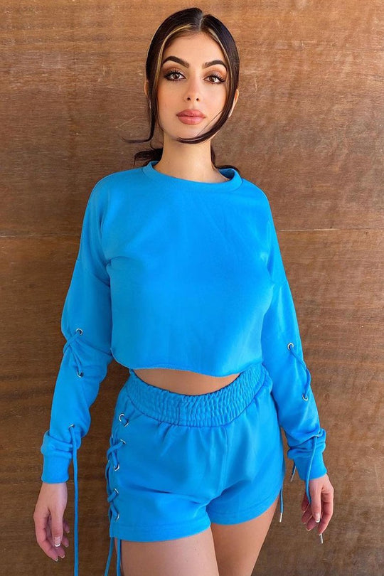 Blue Eyelet Lace Up Cropped Sweatshirt - Ramaya