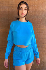 Blue Eyelet Lace Up Cropped Sweatshirt - Ramaya