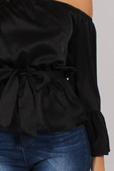 Black Silk Bardot Bell Sleeves Top - Fawn