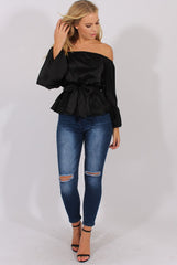 Black Silk Bardot Bell Sleeves Top - Fawn
