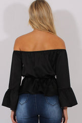 Black Silk Bardot Bell Sleeves Top - Fawn