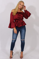 Wine Silk Bardot Bell Sleeves Top - Fawn