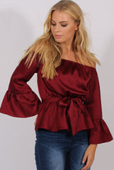 Wine Silk Bardot Bell Sleeves Top - Fawn