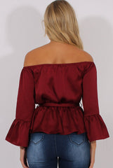 Wine Silk Bardot Bell Sleeves Top - Fawn