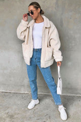 Cream Collar Zip Front Borg Teddy Jacket - Kaleah