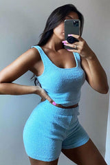Light Blue Soft Crop Top + Shorts Loungewear Co-ord - Vadie