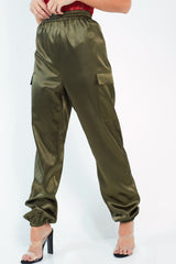 Khaki Satin Cargo Trousers - Khyla