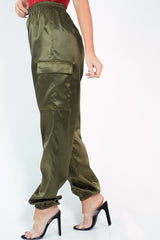 Khaki Satin Cargo Trousers - Khyla