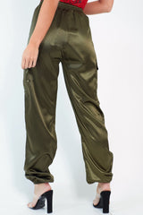 Khaki Satin Cargo Trousers - Khyla